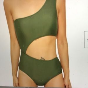 NWT  Michaels Michael Kors Army Green One Shoulder Zip One-Piece Size 14